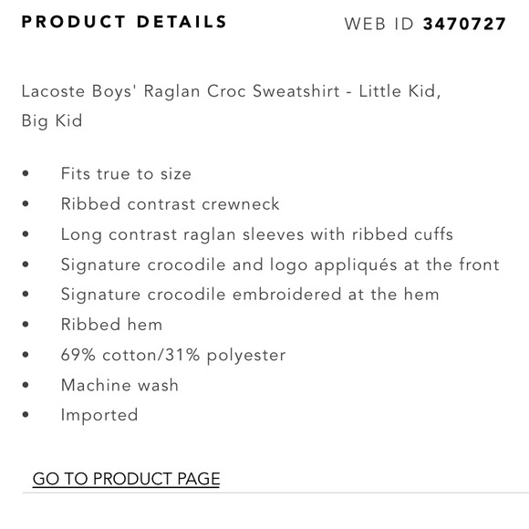 NWT LACOSTE BOYS RAGLAN CROC SWEATSHIRT - Picture 3 of 3